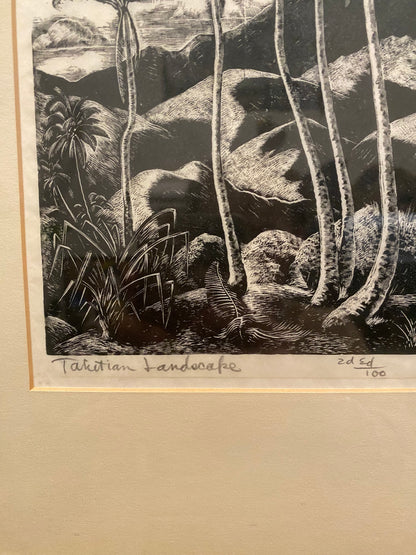 Tahitian Landscape by Charles Surrendorf Black Ink Block Print on Paper Framed Second Edition