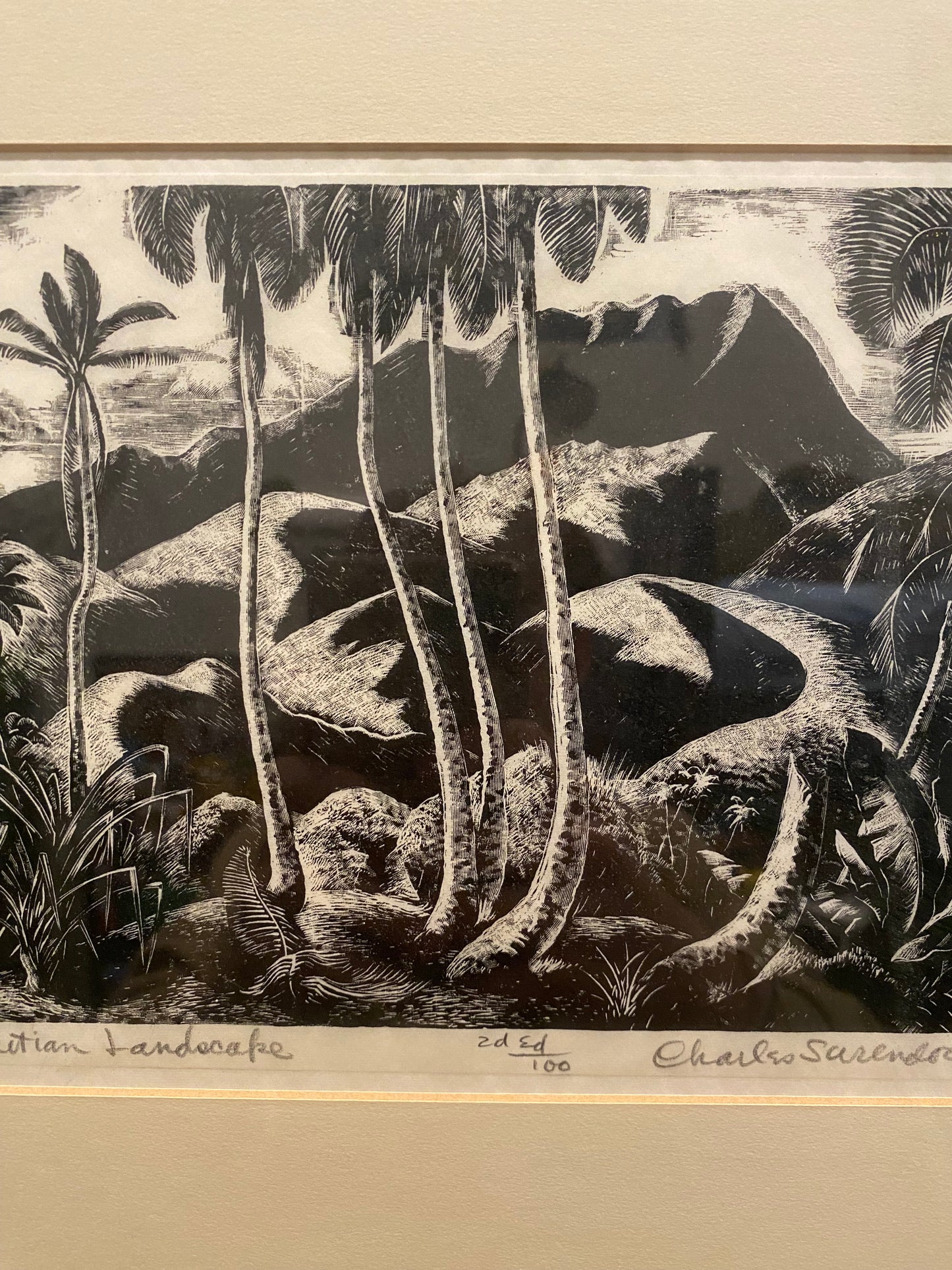 Tahitian Landscape by Charles Surrendorf Black Ink Block Print on Paper Framed Second Edition