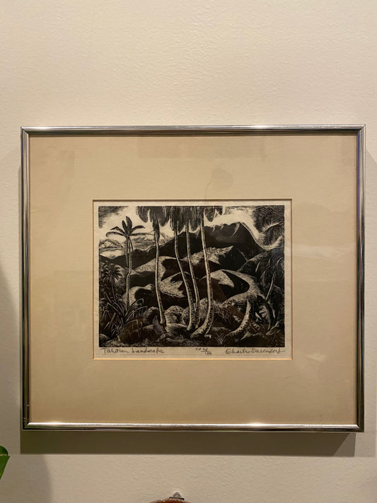 Tahitian Landscape by Charles Surrendorf Black Ink Block Print on Paper Framed Second Edition