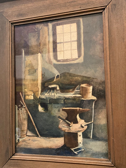 Framed Untitled Watercolor Blacksmith Shop Scene