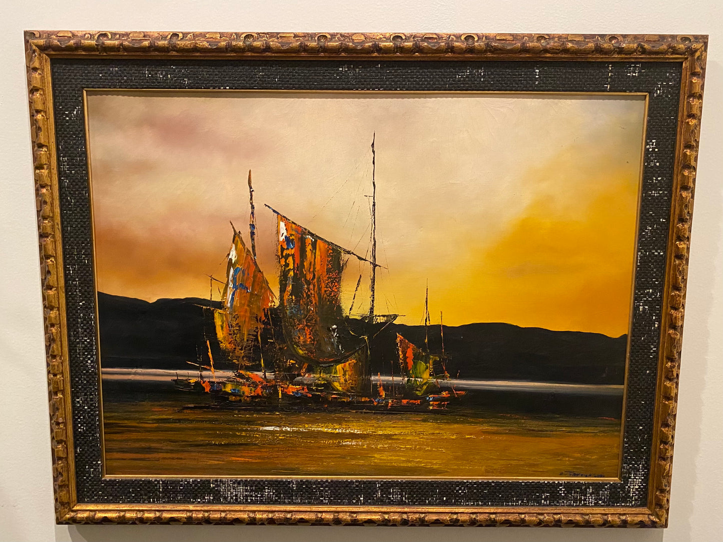 S. Tokuyoshi Mid-Century Japanese Junk Boat Framed Oil on Canvas