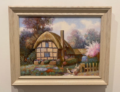 Domina Thatched Cottage Framed Oil on Canvas