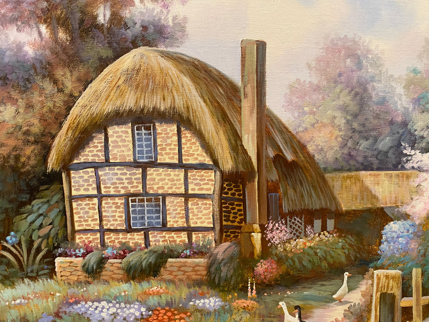 Domina Thatched Cottage Framed Oil on Canvas